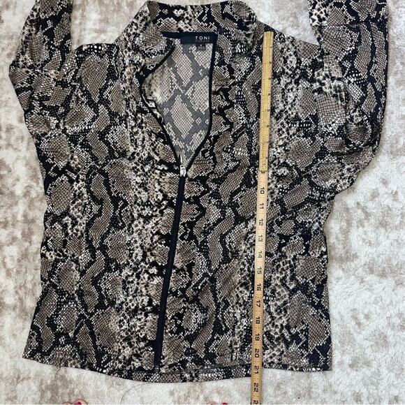 Toni Morgan black gray python snake print full zipped ruched long sleeve SZ M - Picture 8 of 10